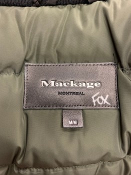 Womens, Coat, Winter, MACKAGE, Dk Green, Black, Polyester, Fur, Solid, M, Double Zip Front, Leather Trim, Down Fill, Leather Belt, 2 Flap Pockets, 2 Zip Pockets, Black Ribbed Knit Collar, Attached Hood, Silver Hook Belt Closure, Starting to Have Sun Fade Inside Hood See Detail Photo,