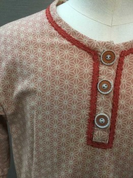 Childrens, Dress 1890s-1910s, MTO, Dusty Rose Pink, Pink, Cream, Cotton, Geometric, Novelty Pattern, W 26, Ch 26, Dusty Pink/cream Geometric Print, Long Sleeves, Zip Back, 3 Button Front Neck, Pink Passementerie Neck/Placket/Cuff, Gathered Waist