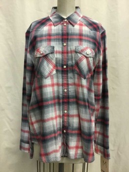 AMERICAN EAGLE, White, Gray, Hot Pink, Navy Blue, Cotton, Plaid, White/ Gray/ Hot Pink/ Navy Plaid, Snap Front, Collar Attached, Long Sleeves, 2 Flap Pockets