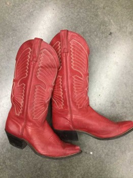 Womens, Cowboy Boots, TEXAS, Red, Cream, Navy Blue, Leather, Geometric, 8, Red Dyed Leather with Cream and Navy Embroidery, Pointed Toe, 2" Black Cuban Heel and Sole **Has Some Wear at Toes