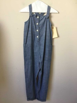 Childrens, Overalls, CREW CUTS, Blue, Cotton, Solid, 10, Button Front Placket, Straps are Elastic in Back and Faux Tied in Font, 2 Pockets, Cuffed, Chambray