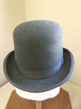 Mens, Bowler/Derby , N/L, Gray, Wool, Solid, Wool Felt, High Crown, 1.5" Wide Grosgrain Band, Made To Order Reproduction