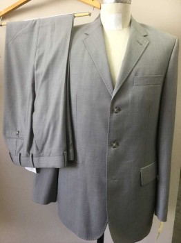 PERRY ELLIS, Lt Gray, Wool, Polyester, Solid, 3 Buttons,  Notched Lapel, Pick Stitched
