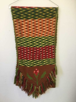 N/L, Multi-color, Green, Dk Red, Cream, Brown, Wool, Stripes - Horizontal , Floral, Knit, Horizontal Stripes with Ombre Detail, Long Rectangle with Pointed End, Flower at Ends,  Yarn Fringe at Ends,