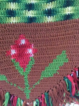 Womens, Shawl 1890s-1910s, N/L, Multi-color, Green, Dk Red, Cream, Brown, Wool, Stripes - Horizontal , Floral, Knit, Horizontal Stripes with Ombre Detail, Long Rectangle with Pointed End, Flower at Ends,  Yarn Fringe at Ends,