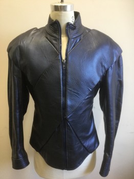 Mens, Sci-Fi/Fantasy Piece 1, JOHN DAVID RIDGE, Midnight Blue, Metallic, Leather, Solid, 38, Long Sleeves, Zip Front, Stand Collar, Diagonal Panels Criss Crossed Across Front, Ribbed Stitching on Collar and Cuffs, Chunky Shoulder Pads