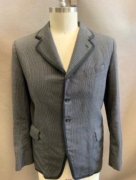Mens, Suit, Jacket, 1890s-1910s, DOMINIC GHERARDI, Black, Gray, White, Wool, Stripes, Herringbone, 40S, Morning Stripe, Black Silk Twill Trim, Single Breasted, 3 Buttons, 3 Pockets,