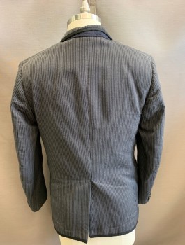 Mens, Suit, Jacket, 1890s-1910s, DOMINIC GHERARDI, Black, Gray, White, Wool, Stripes, Herringbone, 40S, Morning Stripe, Black Silk Twill Trim, Single Breasted, 3 Buttons, 3 Pockets,