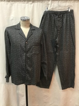 Mens, Sleepwear PJ Top, STAFFORD, Gray, Black, Cotton, Paisley/Swirls, M, Shirt  - Long Sleeves, Open Collar, 1 Pocket, with Charchoal Piping