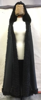 Womens, Sci-Fi/Fantasy Cape, MTO, Black, Polyester, Faux Fur, Solid, Faux Sheerling Lined, Seams on the Outside, Pinked Edge Trim with Braid Applique, Velvet Straps on Inside for Arms, Ties Attached to Inner Shoulder Seams to Secure in Place