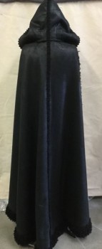 Womens, Sci-Fi/Fantasy Cape, MTO, Black, Polyester, Faux Fur, Solid, Faux Sheerling Lined, Seams on the Outside, Pinked Edge Trim with Braid Applique, Velvet Straps on Inside for Arms, Ties Attached to Inner Shoulder Seams to Secure in Place