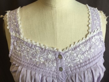 Womens, Nightgown, EILEEN  WEST, Lavender Purple, White, Cotton, Polyester, Solid, Floral, XS, White Flower Embroidery and Tiny White Rose Lace Trim Along Sweetheart Neck & 1.5" Straps, 3 Chevron Pleats Work, Pearly Lavender Flower Button Front, Floor Length with 10" Ruffle Hem