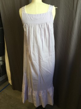 Womens, Nightgown, EILEEN  WEST, Lavender Purple, White, Cotton, Polyester, Solid, Floral, XS, White Flower Embroidery and Tiny White Rose Lace Trim Along Sweetheart Neck & 1.5" Straps, 3 Chevron Pleats Work, Pearly Lavender Flower Button Front, Floor Length with 10" Ruffle Hem