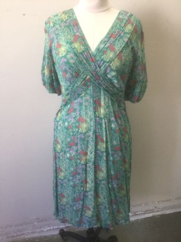 YVONNE LA FLEUR, Jade Green, Cherry Red, Ecru, Yellow, Lilac Purple, Rayon, Floral, Jade with Swirled Floral Pattern, Sheer Crepe, 1/2 Sleeves with Ruffled Edges, V-neck with Gathers Along Neckline, Inverted V Gathered Waistline (Looks Like An X of Gathers at Front), Knee Length