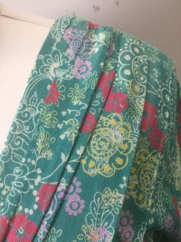YVONNE LA FLEUR, Jade Green, Cherry Red, Ecru, Yellow, Lilac Purple, Rayon, Floral, Jade with Swirled Floral Pattern, Sheer Crepe, 1/2 Sleeves with Ruffled Edges, V-neck with Gathers Along Neckline, Inverted V Gathered Waistline (Looks Like An X of Gathers at Front), Knee Length