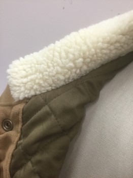 BANANA REPUBLIC, Beige, Cream, Cotton, Polyester, Solid, Soft Fabric with Pile, Cream Fleece Collar Attached, Snap Closures at Front, 4 Pockets, Light Brown Quilted Lining