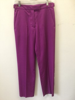 HELMUT LANG, Magenta Purple, Cotton, Solid, High Waist, Tapered Leg, Button Fly, Tab Waist, 4 Pockets, Adjustable Button Tabs at Sides of Waist