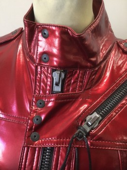 Womens, Sci-Fi/Fantasy Piece 1, LIP SERVICE, Cherry Red, Metallic, Faux Leather, Solid, S, Jacket/Top: Zip Front, Stand Collar, Various Zip Compartments, Epaulettes at Shoulders, Slim/Form Fitting, Zipper at Center Back Hem/Waist