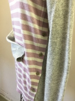 J CREW, Periwinkle Blue, White, Heather Gray, Wool, Stripes, Color Blocking, Periwinkle/White Strip Font, Heather Gray Sleeves/Back, Raglan Long Sleeves, Ecru Oval Elbow Patches, Front Panel Buttoned to Back Panel, Ribbed Knit Scoop Neck/Cuff/Waistband