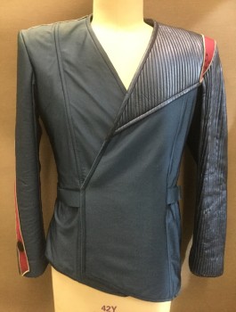 Mens, Sci-Fi/Fantasy Piece 1, MTO, Iridescent Blue, Cranberry Red, Silver, Spandex, Leather, Color Blocking, W36, C42, I31.5, Made To Order, Asymmetrical Wrap Sci-fi Sport-coat,  V-neck, Matching Belt. Heavy Spandex and Pleated Leather, Cranberry and Silver Stripe Down 1 Sleeve, Generous Fit Through Chest and Shoulders, Shoulder Pads, Slim Hips, Small Snaps at Shoulders, Velcro Patch at Wrist for Customizing Details, Little Bit of Shoulder Burn. Fellow Crew Mate Fc002984