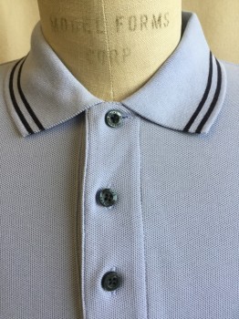 BROOKS BROTHERS, Baby Blue, Navy Blue, Cotton, Solid, Collar Attached with 2 Navy Stripes, 3 Button Front, Long Sleeves, Side Split Back Hem,  (altered: Take-in, 2 Vertical Seams in the Back)