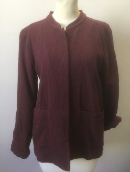 EILEEN FISHER, Red Burgundy, Cotton, Solid, Crinkled Texture Gauze, 5 Hidden Snap Closures at Front, Band Collar,  2 Large Patch Pockets