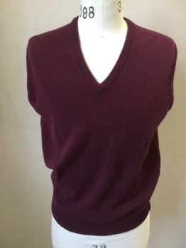 COOPER & ROE, Red Burgundy, Wool, Solid, V-neck, Ribbed Knit Neck/armholes/Waistband