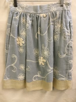 PURPLE CLOVER, Gray, Off White, Beige, Cotton, Silk, Floral, Gray with Off White Swirl Flower,  3" Beige Hem with Gray Lining, Gathered with 2" Waist Band, Side Zip, 2 Side Pockets