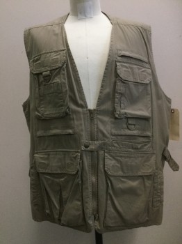 Mens, Wilderness Vest, SAFARI, Taupe, Cotton, Solid, XL, Zip Front, 9 Pockets, Net Back, Back Pocket, Adjustable Waist