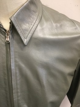 MARCO TAGLIAFERRI, Gray, Leather, Solid, Zip Front, Collar Attached, Long Sleeves, Angled Seams, 2 Pockets