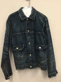 RALPH LAUREN, Indigo Blue, Cotton, Solid, Stonewashed Denim Jacket with Frayed Edges at Collar, Cuffs and Right Pocket  See Photo for Details, 5 Button Closure, 2 Patch Pockets with Flaps