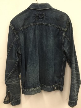 RALPH LAUREN, Indigo Blue, Cotton, Solid, Stonewashed Denim Jacket with Frayed Edges at Collar, Cuffs and Right Pocket  See Photo for Details, 5 Button Closure, 2 Patch Pockets with Flaps