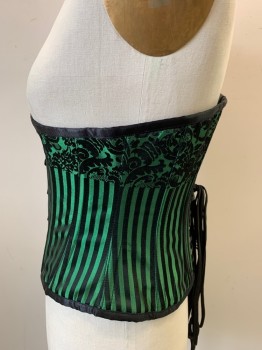 N/L, Green, Black, Polyester, Cotton, Stripes - Vertical , Floral, Center Front Busk, Lace Up Center Back, Has Place for Garters to Hook Into, Steel Bones, Saloon Girl, Steampunk