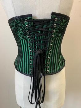 N/L, Green, Black, Polyester, Cotton, Stripes - Vertical , Floral, Center Front Busk, Lace Up Center Back, Has Place for Garters to Hook Into, Steel Bones, Saloon Girl, Steampunk