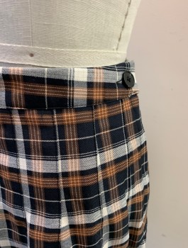 URBAN OUTFITTERS, Brown, Black, Ecru, Polyester, Rayon, Plaid, Pleated, 1" Wide Self Waistband, Zipper and 1 Button Closure in Back