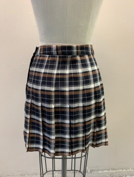 URBAN OUTFITTERS, Brown, Black, Ecru, Polyester, Rayon, Plaid, Pleated, 1" Wide Self Waistband, Zipper and 1 Button Closure in Back