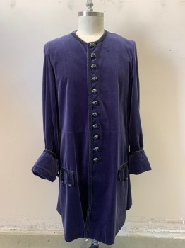 Mens, Historical Fict Suit Piece 1, MTO, Aubergine Purple, Black, Cotton, Synthetic, Solid, W34, 42, Velveteen, Black Trim and 11 Fleur-de-lis Buttons, Cuffs and Faux Pockets with Flaps and Buttons. 2 Spots of Discoloration on Right Shoulder See Detail Photo, Late 1600s