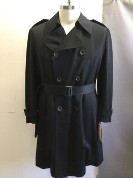 MALCOLM KENNETH, Black, Polyester, Solid, Double Breasted, Collar Attached, 2 Pockets, with Belt, Epaulets, **Belt is Not Made with Same Fabric, Slight Difference