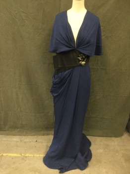 J. MENDEL, Navy Blue, Black, Silk, Solid, Deep V-neck, Draped Shoulder, Large Black Silk Waistband with "Bow" and Beaded Appliqué, Floor Length, Draped at Side Hip with Self Covered Weight, Zip Back