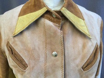 Womens, Leather Jacket, FOX 159, Camel Brown, Mustard Yellow, Lt Brown, Leather, Color Blocking, S, Camel/mustard/light Brown Leather Patches with Brown Zig-zag Top Stitches, Collar Attached, Gold Snap Front, 2 Slant Pockets, Long Sleeves, Shinny Peach Orange Lining, Curved Hem