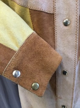 Womens, Leather Jacket, FOX 159, Camel Brown, Mustard Yellow, Lt Brown, Leather, Color Blocking, S, Camel/mustard/light Brown Leather Patches with Brown Zig-zag Top Stitches, Collar Attached, Gold Snap Front, 2 Slant Pockets, Long Sleeves, Shinny Peach Orange Lining, Curved Hem