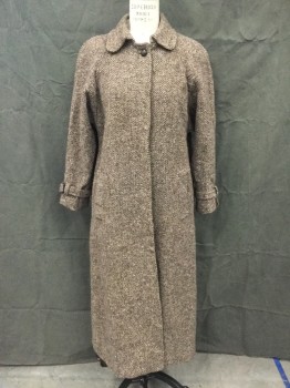 Womens, Coat, ANDOVER TWEEDS, Dk Brown, Tan Brown, Wool, Tweed, B: 40, M, Hidden Placket Button Front, Collar Attached, Raglan Long Sleeves, 2 Pockets, Belted and Buckled Cuff with Belt Loops, Ankle Length
