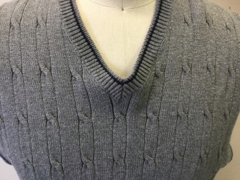 BANANA REPUBLIC, Gray, Navy Blue, Cotton, Cable Knit, Stripes, V-neck, Pullover, Gray with  Navy Stripe Trim
