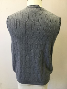 BANANA REPUBLIC, Gray, Navy Blue, Cotton, Cable Knit, Stripes, V-neck, Pullover, Gray with  Navy Stripe Trim