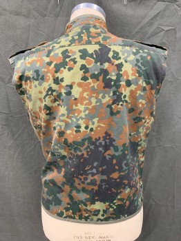 N/L, Brown, Dk Green, Lt Green, Olive Green, Cotton, Polyester, Camouflage, Zip Front, Hidden Snap Placket, Stand Collar, 3 Flap Patch Pockets, Epaulets, Raw Armhole Hem