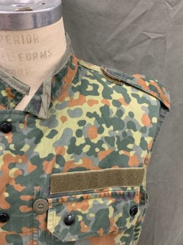 N/L, Brown, Dk Green, Lt Green, Olive Green, Cotton, Polyester, Camouflage, Zip Front, Hidden Snap Placket, Stand Collar, 3 Flap Patch Pockets, Epaulets, Raw Armhole Hem
