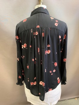 Womens, Blouse, LANE BRYANT, Black, Lt Pink, Red, Red Burgundy, Polyester, Floral, Sz.18, Chiffon, Long Sleeves, Button Front, Collar Attached, Elastic Cuffs