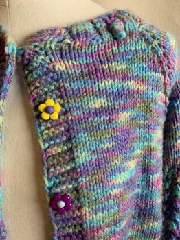 Childrens, Cardigan Sweater, N/L, Purple, Lt Green, Pink, Periwinkle Blue, Olive Green, Wool, Mottled, B34, 6 Floral Buttons Down Front, Crochet