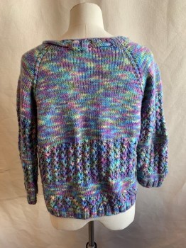 Childrens, Cardigan Sweater, N/L, Purple, Lt Green, Pink, Periwinkle Blue, Olive Green, Wool, Mottled, B34, 6 Floral Buttons Down Front, Crochet