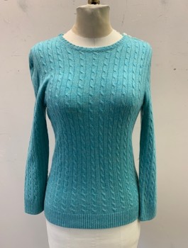 JCREW, Baby Blue, Cashmere, Solid, Cable Knit, Long Sleeves, Round Neck,  5 Small Button Closures at Left Shoulder